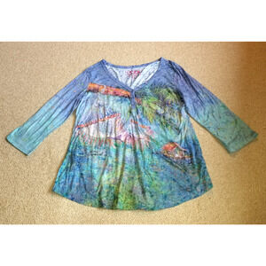 Womens Top-LEOMA LOVEGROVE-blue/green/orange knit "Take Five" Art-to-wear 3/4-L